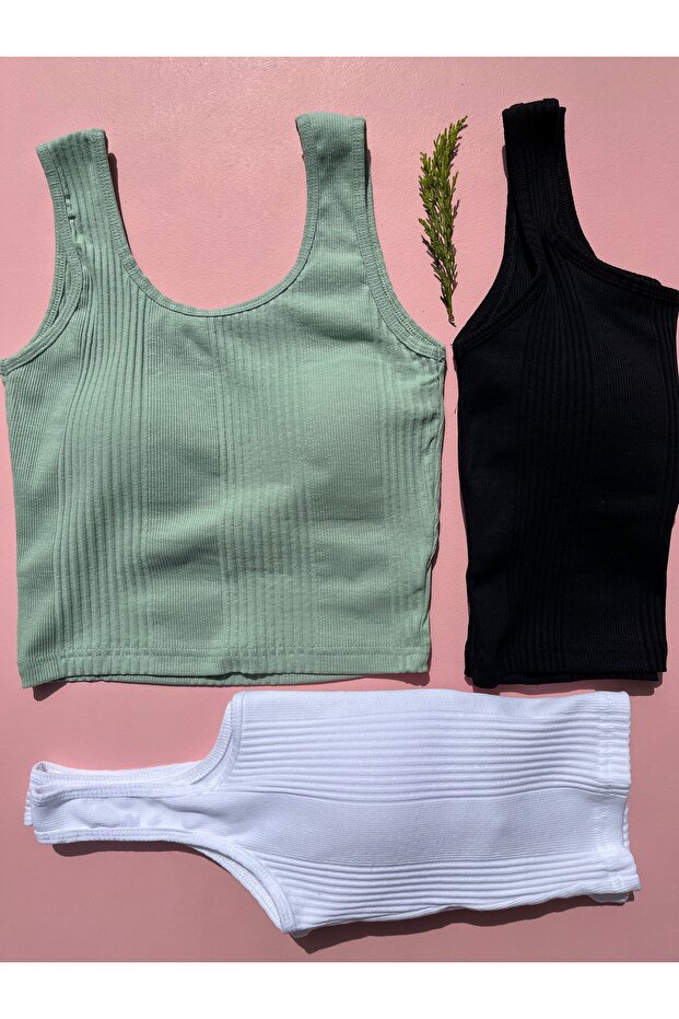 Cotton Camisole Striped Fabric Fixed Pad 3-Piece White, Black, Green Women's Half Undershirt