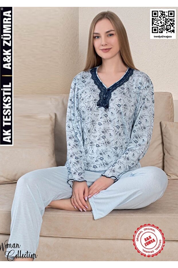 Natural Viscose Mother Model Lace Pajama Set Blue