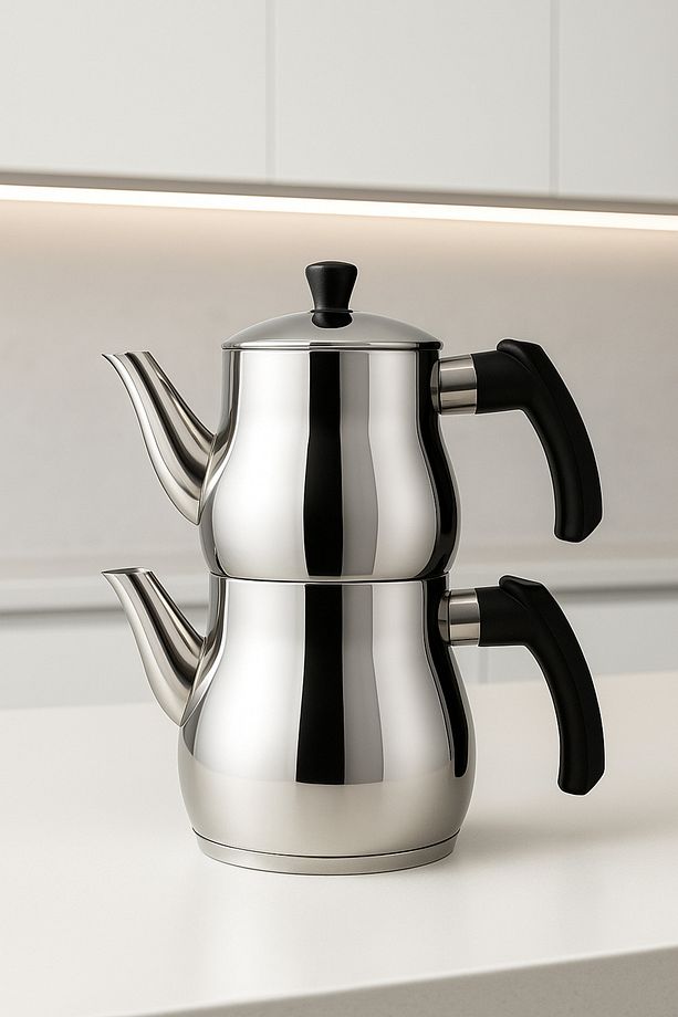 Klasik Çaydanlık Takımı – 0,8l Demlik 1,25l Alt Demlik – Paslanmaz Çelik – Soğuk Tutma Saplı - 8
