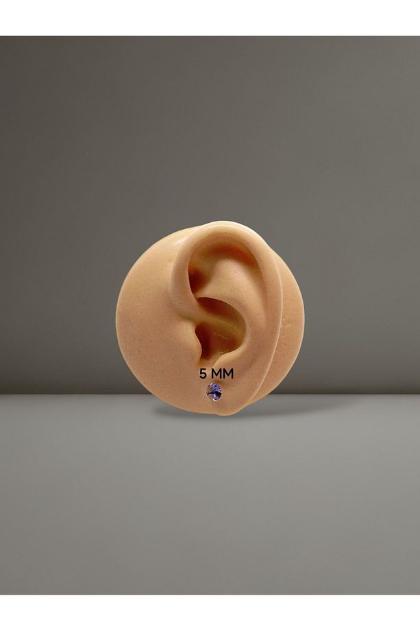 925 Ayar Gümüş ( 5mm ) Zirkon Tektaş Renkli ( Mor ) Yuvarlak Küpe ( 1 Çift ) - 3