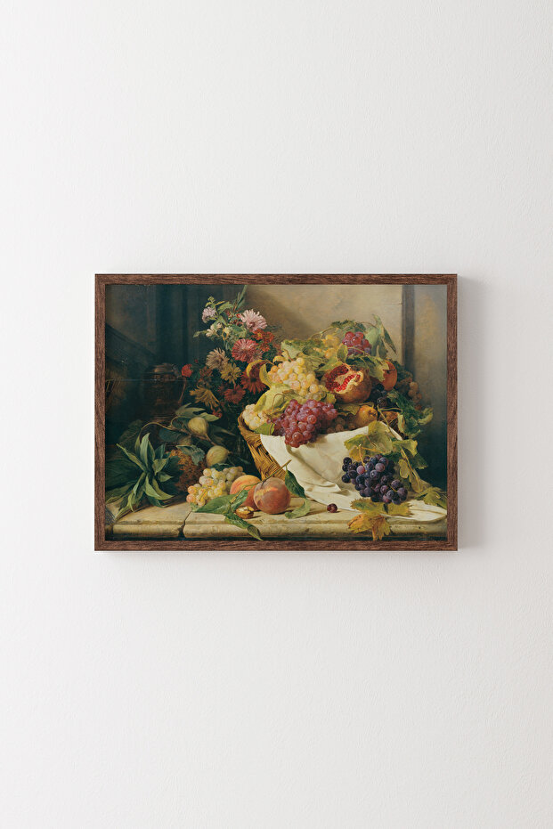 Still Life with Fruits and Flowers - Wooden Patterned Frame