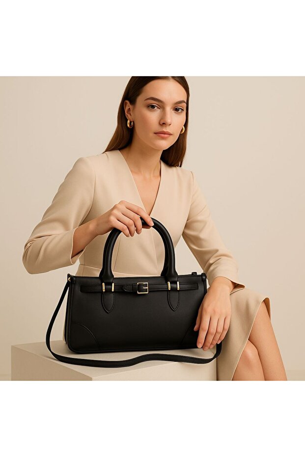 Women's Black Buckle Hand and Shoulder Bag – Stylish, Large Volume Daily Model