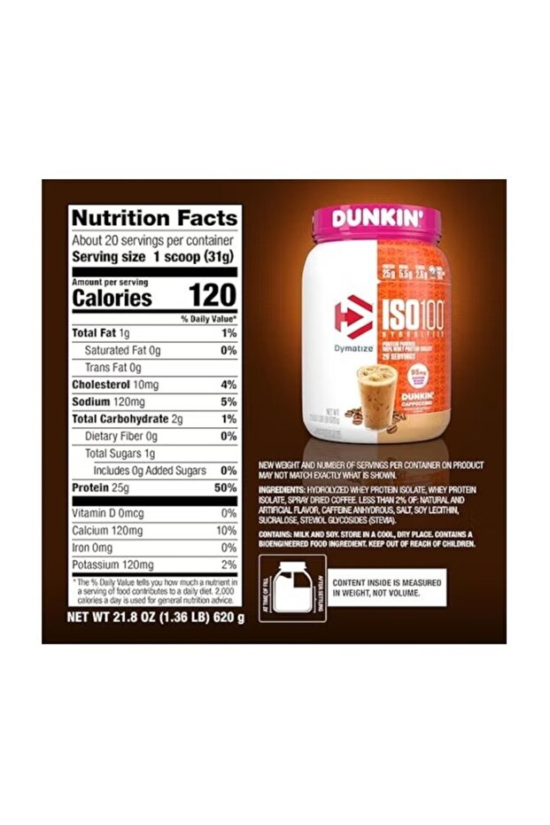 Whey Protein Isolate ISO 100, 20 Servings, Dunkin' Cappuccino, 21.8 oz - 3