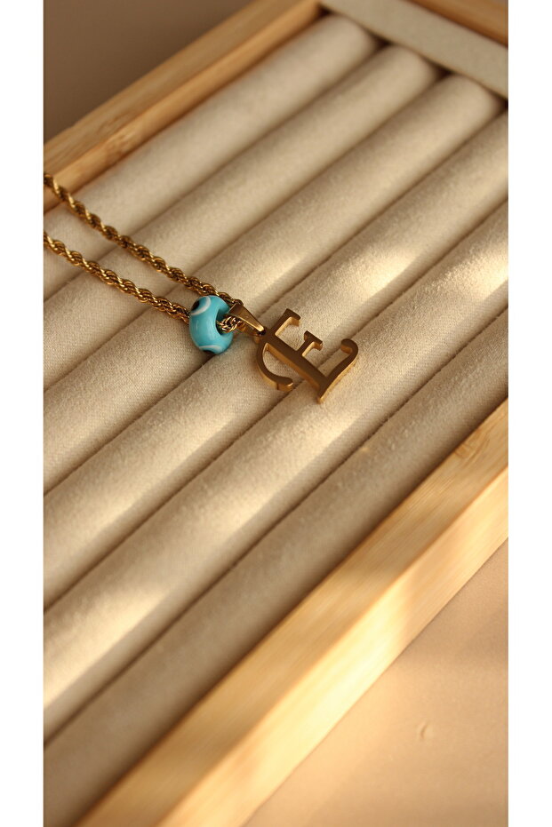 Steel Gold Color Spiral Chain Evil Eye Beaded E Letter Steel Necklace