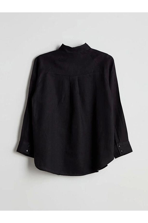 LC W Modest Siyah Oversize Keten Kadın Gömlek - 4