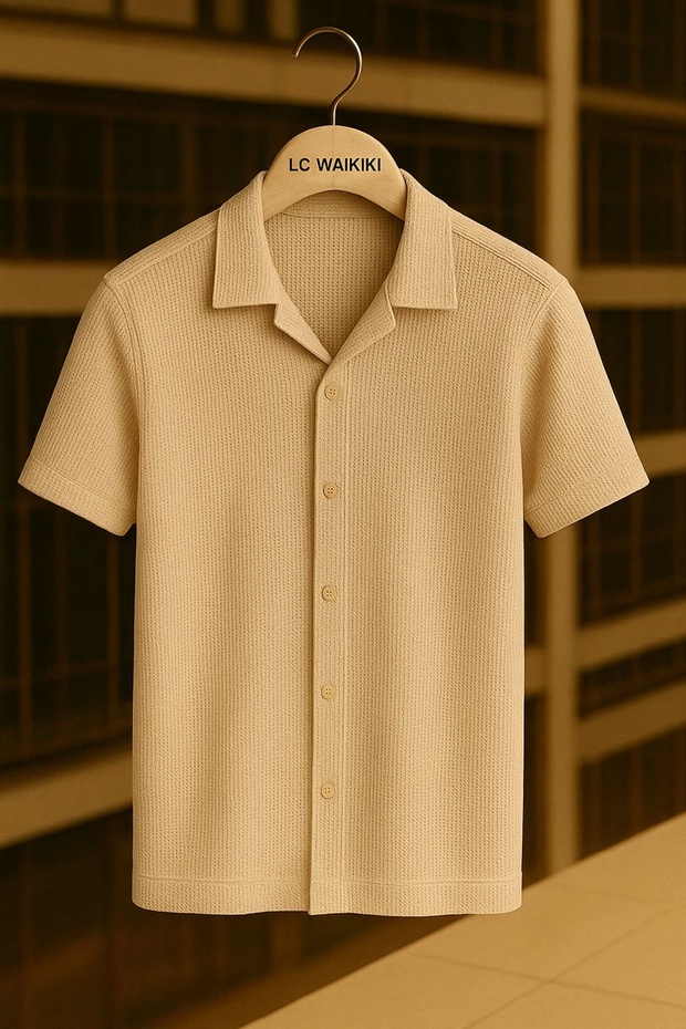 Lc 100% Cotton Short Sleeve Button Premium Men's Waffle Shirt