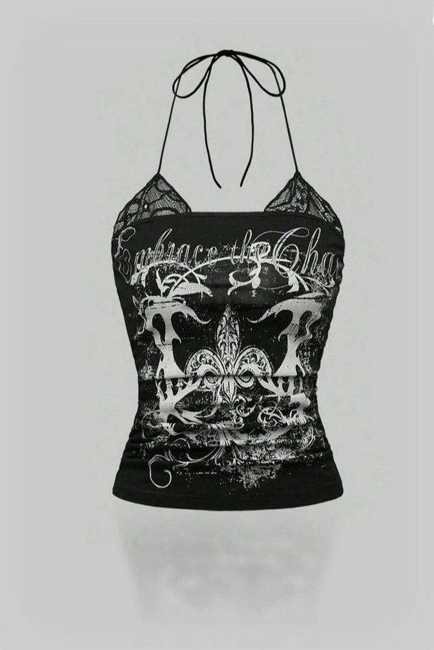 Lacy Black Embrace the Chaos Gothic Y2K Halter Crop