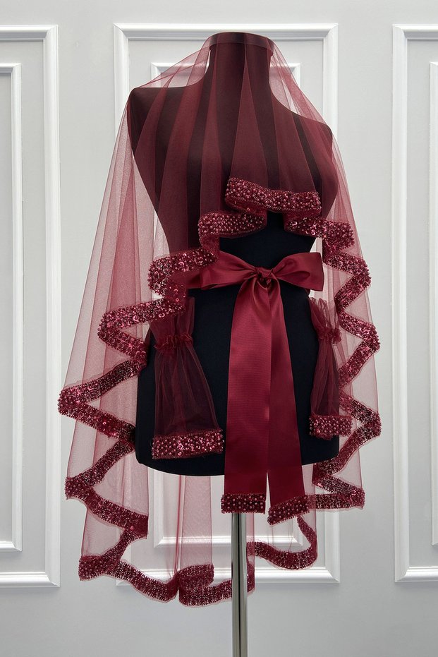 Burgundy Bridal Veil Set, Pearl, Sequins and Glass Beads Embroidered, Henna Night Veil Set 6 Pieces