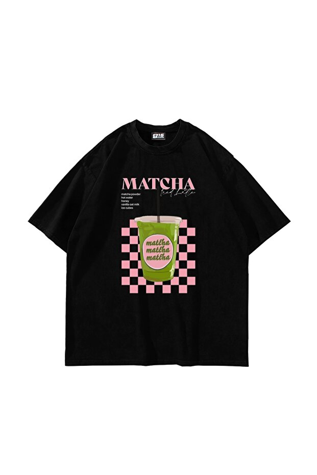 تيشيرت أسود كبير الحجم مطبوع عليه Matcha Iced Latte للجنسين