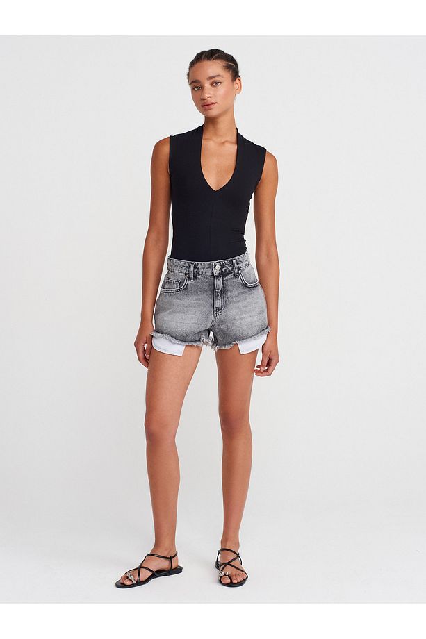 72014 Kar Yıkama Kısa Denim Şort-Antrasit - 1