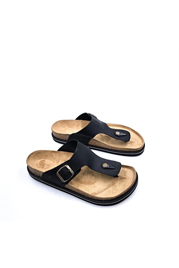 Genuine Nubuck Leather Orthopedic Flip Flops Black Men's Slippers
