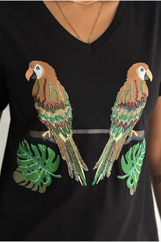 Women's Black V-Neck Parrot Pattern Sequin Embroidered 100% Cotton T-Shirt S-M-L
