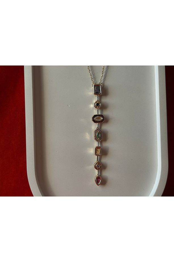 Gold Renkli 7 Element Renkli Taşlı Y Kolye - 2