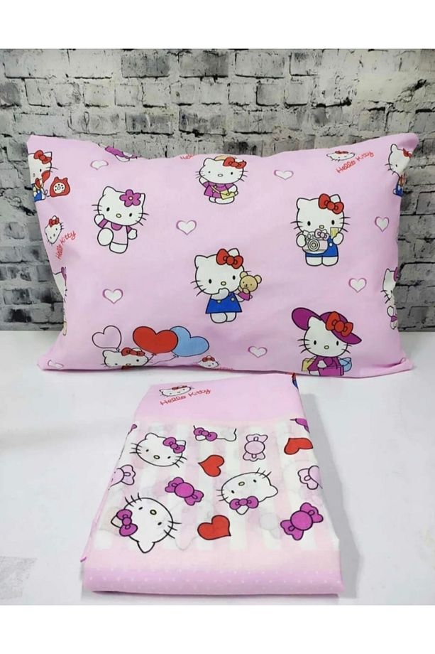 Pamuklu ranforce kumaş tek kişilik hello kity desen nevresim tam takım - 2