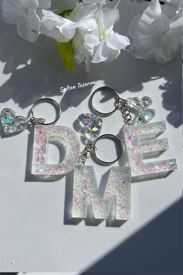 Gold Foil Floral Glittery-Paillette Epoxy Letter - Number Keychains