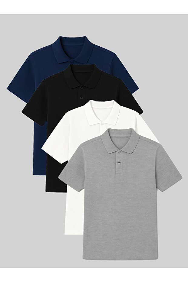 Men's Short Sleeve Polo Neck T-Shirt 4 Pack 100% Cotton – Navy White Black Grey