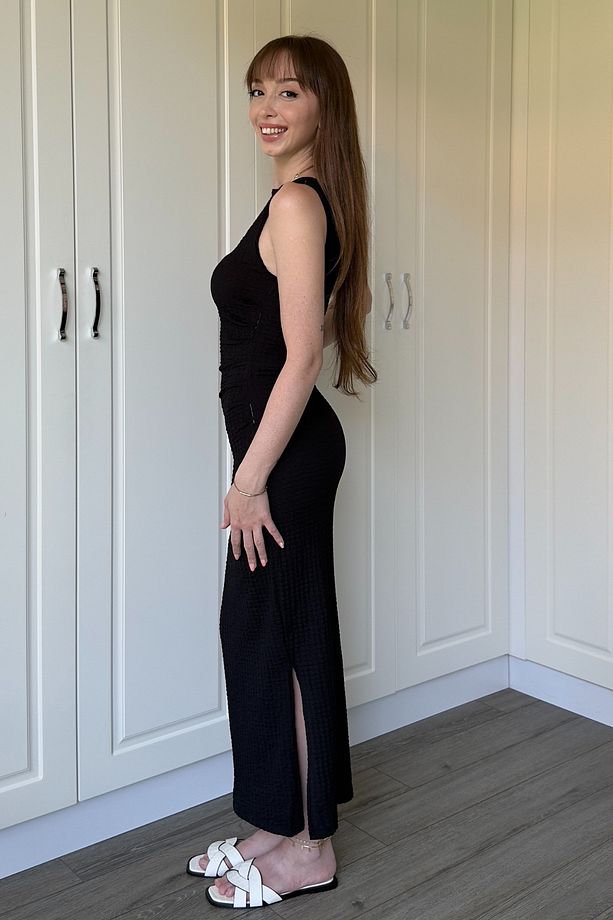 Gofre Kumaş Siyah Midi Elbise - 6