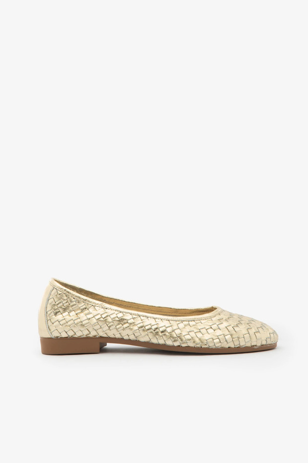 Gold Color Knitted Detailed Genuine Leather Women's Ballerinas