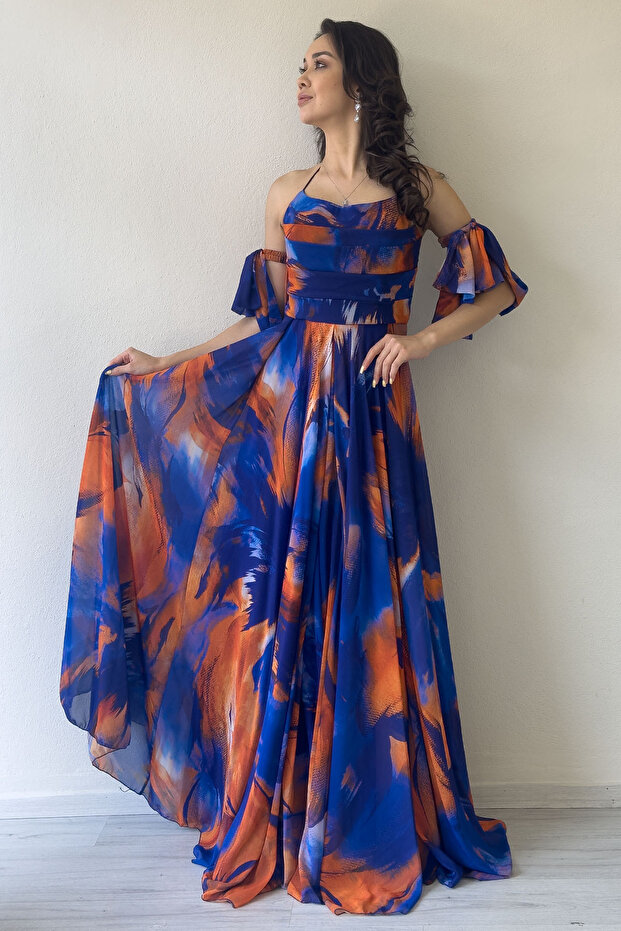 Women's Patterned Strapless Strapless Chest Draped Evening Dress with Detachable Sleeve Detail Cobalt Blue, Fuchsia