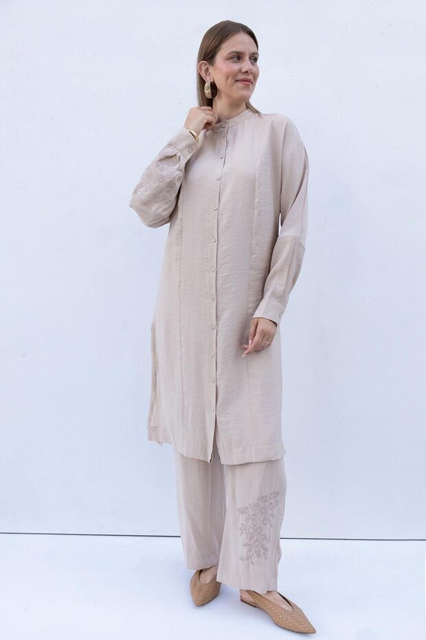 Beige-Embroidery Detailed Modal Trousers Suit