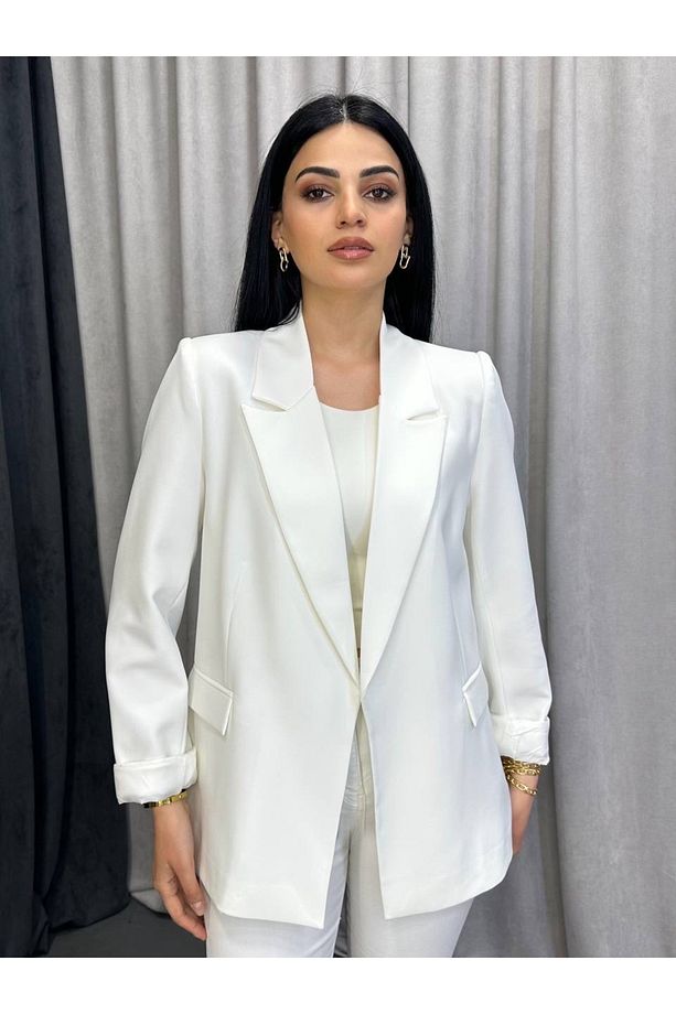 Kruvaze Yaka Düğmesiz Astarlı Katlanabilir Kollu Blazer Ceket - 1