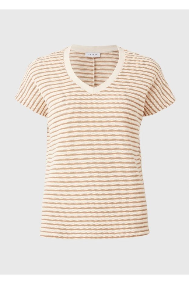 Women's Beige White Striped V-Neck Short Sleeve Summer Knitwear T-Shirt, Blouse