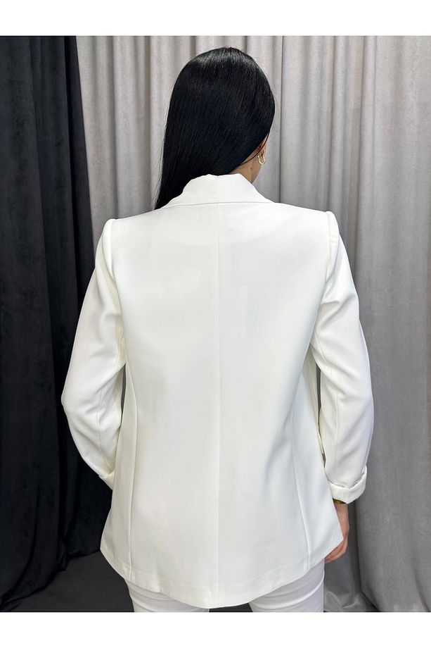 Kruvaze Yaka Düğmesiz Astarlı Katlanabilir Kollu Blazer Ceket - 3