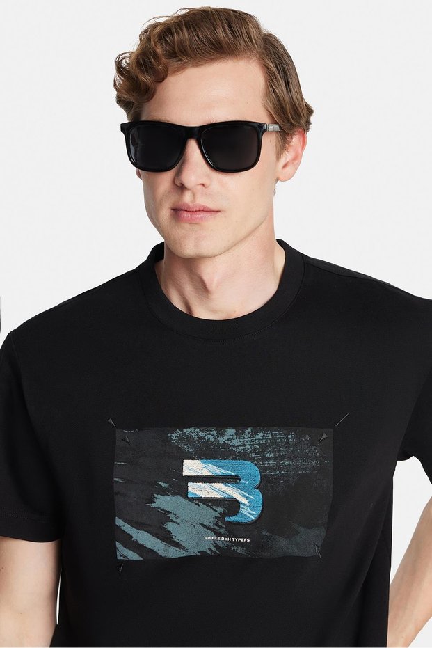 Relax Fit Relaxed Cut Cotton Front Print and Embroidery Detail Crew Neck Black Men's T-Shirt