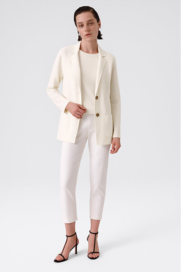 Ecru V-Neck Buttoned Women's Jacket