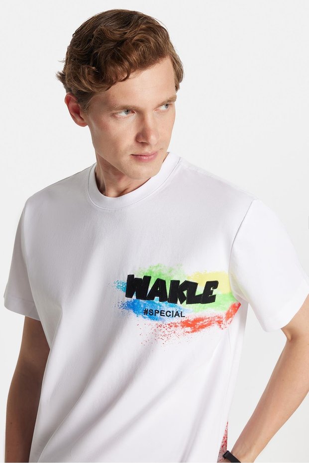 Relax Fit Relaxed Fit Cotton Front and Back Print and Embroidery Detail Crew Neck White Men's T-Shirt
