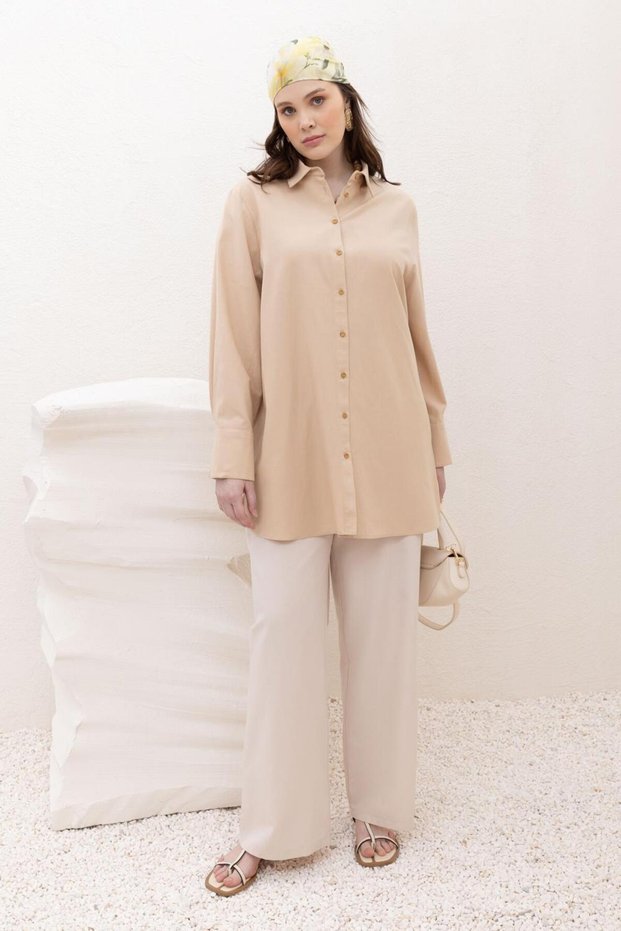 Beige-Large Size Linen Shirt with Cuff Slit Detail