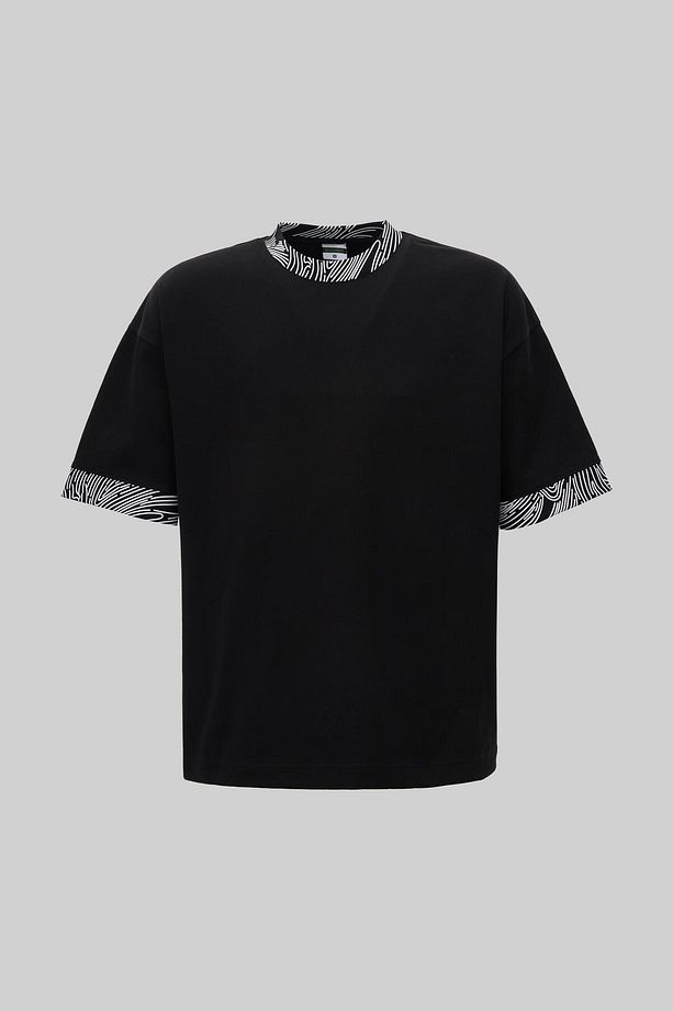 Erkek Collar And Sleeve Edge Printed Oversize Siyah Tişört - 1