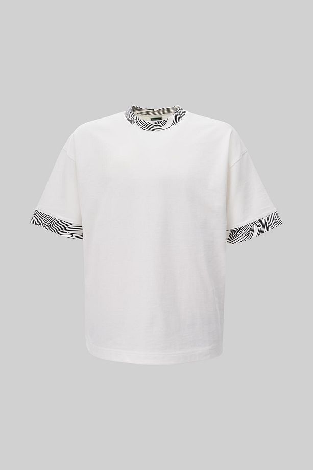Erkek Collar And Sleeve Edge Printed Oversize Ekru Tişört - 1