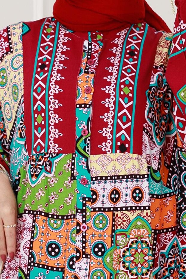 Half Button Robe Patch Pattern Dress-Burgundy - 4