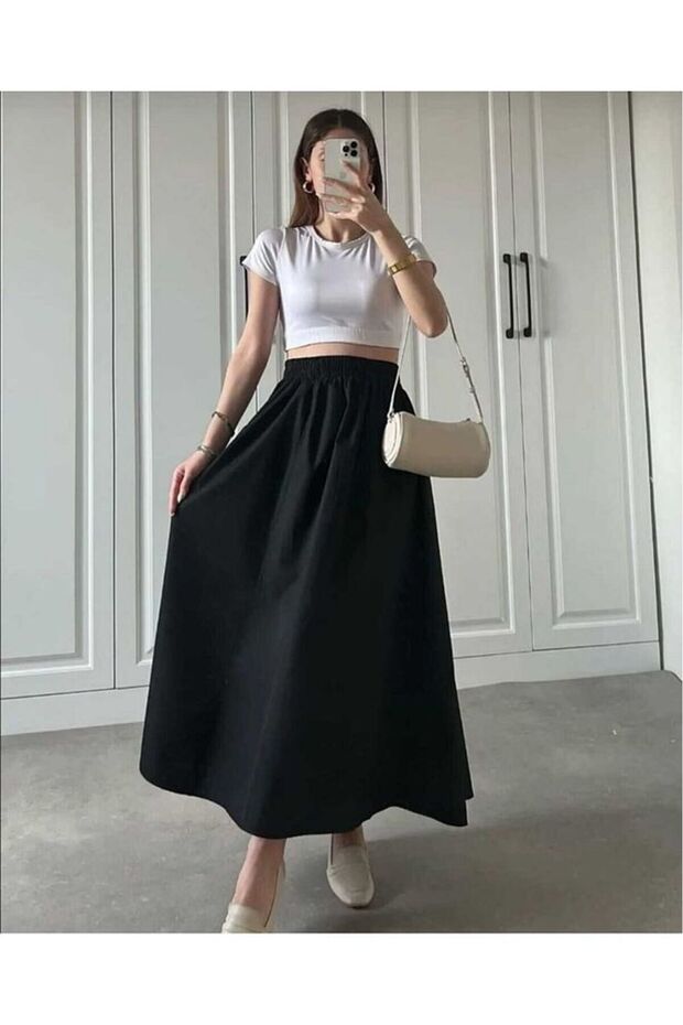 Women's New Season Long Double Pocket Poplin Elastic Waist Skirt Unlined (90 cm)