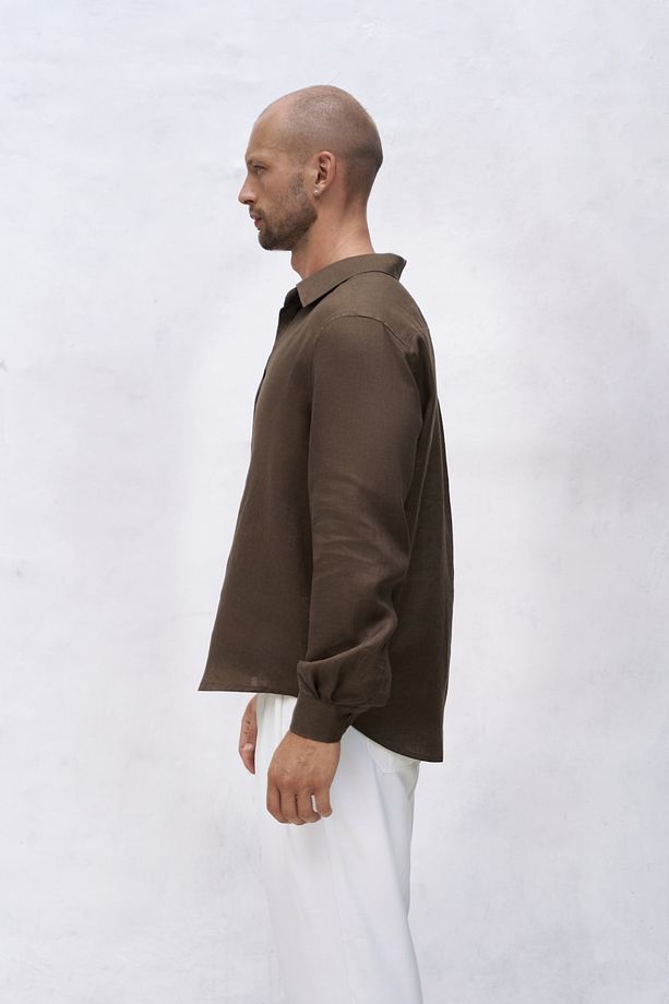Bice Kahve Keten Oversize Erkek Gömlek - 4