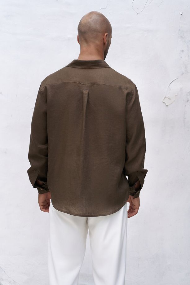 Bice Kahve Keten Oversize Erkek Gömlek - 5
