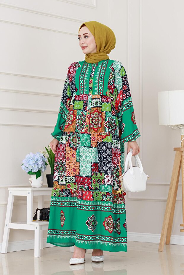 Half Button Robe Patch Pattern Dress-Green - 2