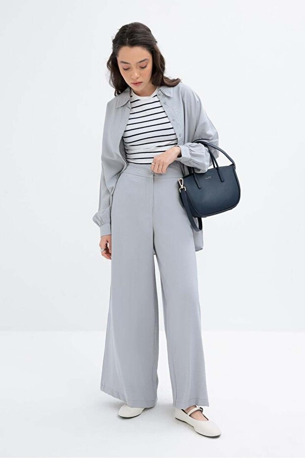 Gray-Wide Leg Patterned Trousers - 1