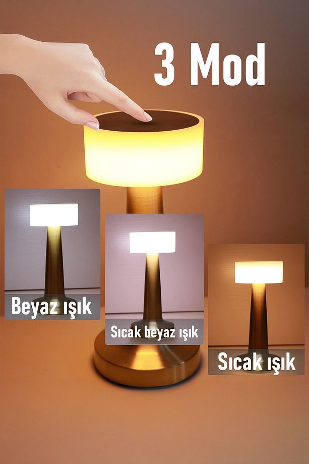Gold Renk Şarjlı LED Masa Lambası Type-C Girişli Dokunmatik 3 Işık Modlu Gece Aydınlatması - 8