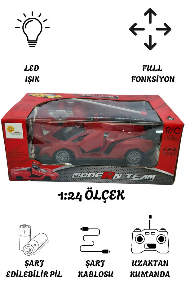 Full Fonk. Şarjlı Işıklı Yüksek Hız Uzaktan Kumandalı Araba Açılır Kapı 1:24 Ölçek 27Mhz 20 Cm - 2