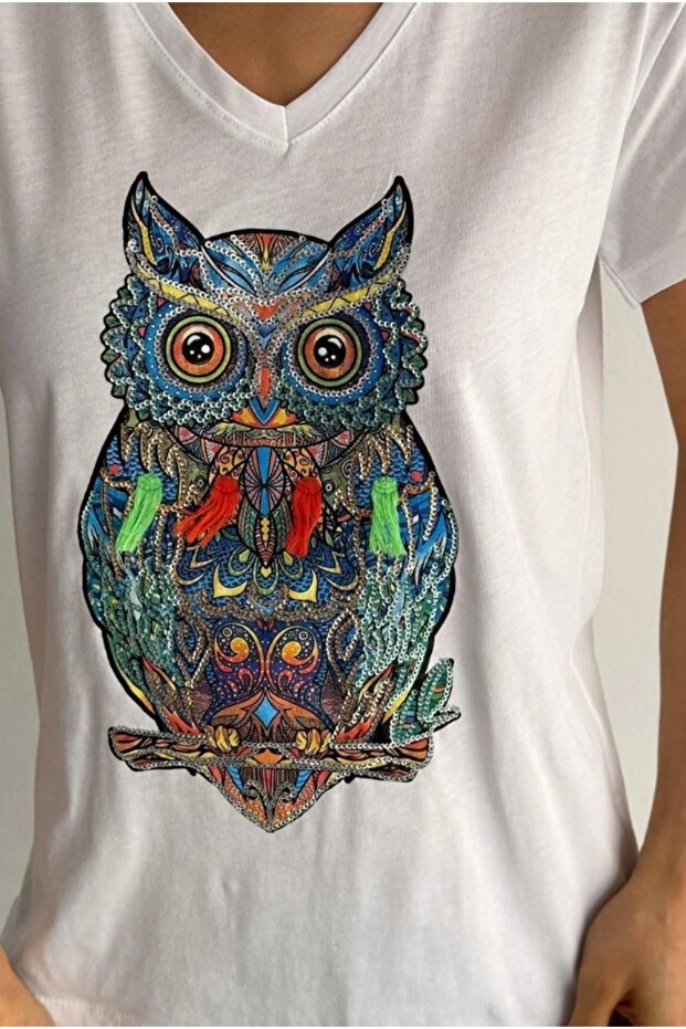 Women's White Owl Sequin Embroidered Plus Size Cotton T-Shirt