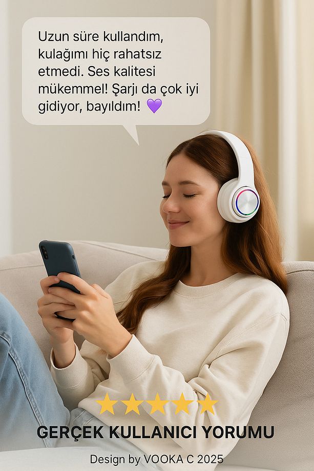 RGB Işıklı Kablosuz Bluetooth Kulak Üstü Kulaklık | Müzik, Oyun, Mikrofonlu, Katlanabilir - 5