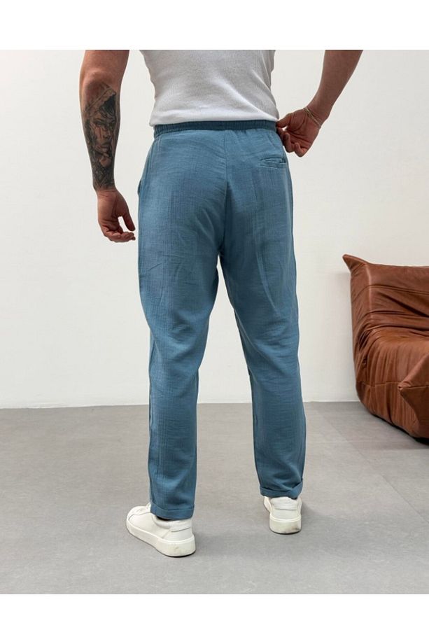 Bağcıklı Duble Paça Keten Pantolon - 4