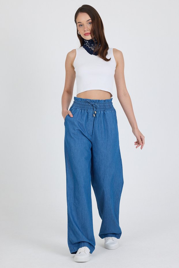 100% Cotton Women's Jeans with Elastic Waist and Wide Leg Pockets 5031