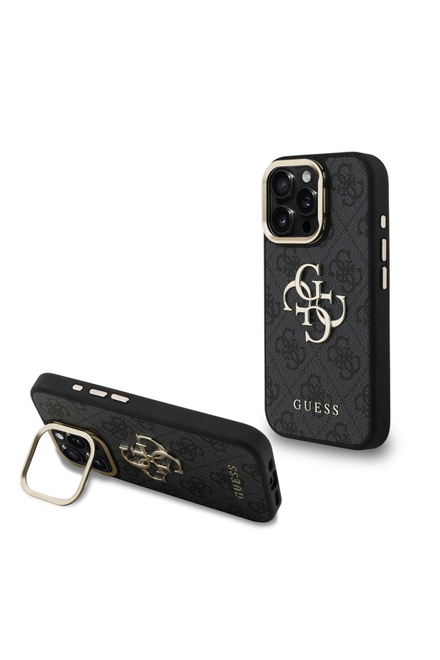 iPhone 16 Pro Max Compatible Case Guess Licensed Metal 4g and Text Logo Camera Stand Cover Black
