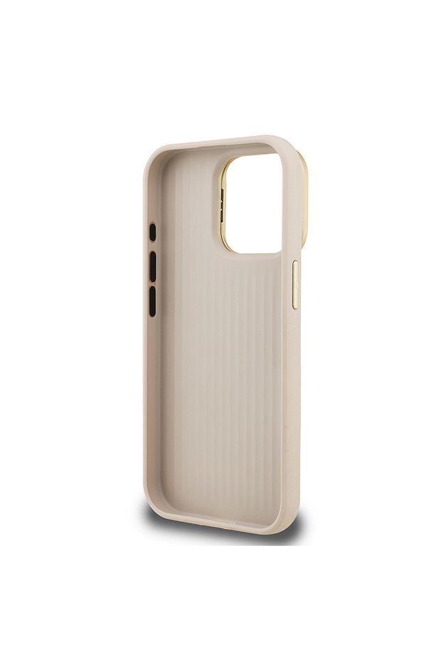 iPhone 15 Pro Max Uyumlu Kılıf Guess Lisanslı Grained Yazı Logolu Kamera Standlı Kapak Bej - 4