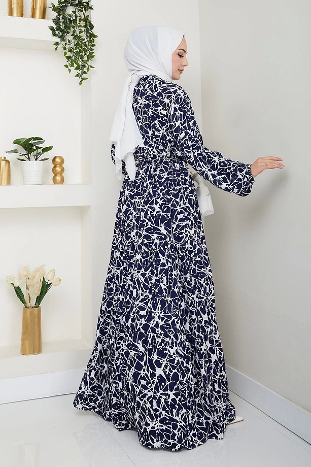 Fırça Desen Yarım Düğmeli Elbise Mavi - 6