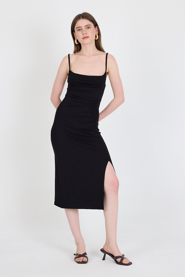 Black Strap Slit Draped Detailed Woven Dress 21003