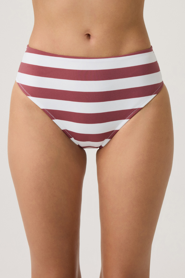 Burgundy-White Striped High Waist Bikini Bottom Sporty Bottom